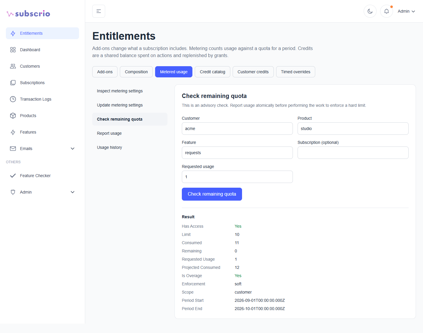Subscrio admin entitlement screen showing real metered usage and quota results