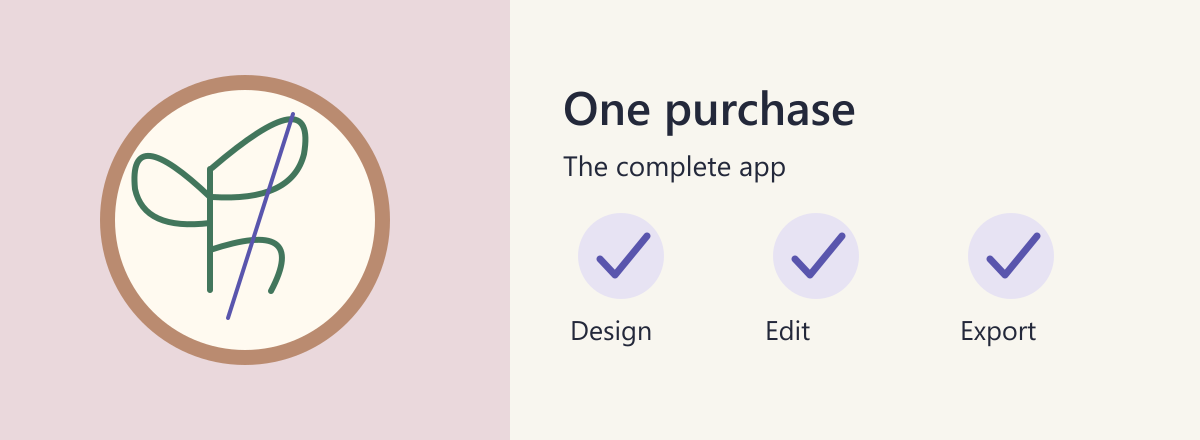 An embroidery pattern beside design, edit, and export tools enabled by one purchase.