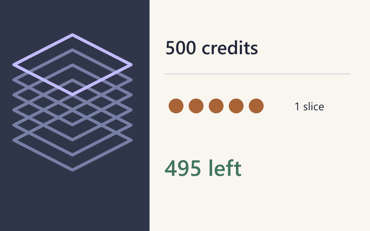 Layered 3D object and five-credit cut beside the 500-to-495 balance.