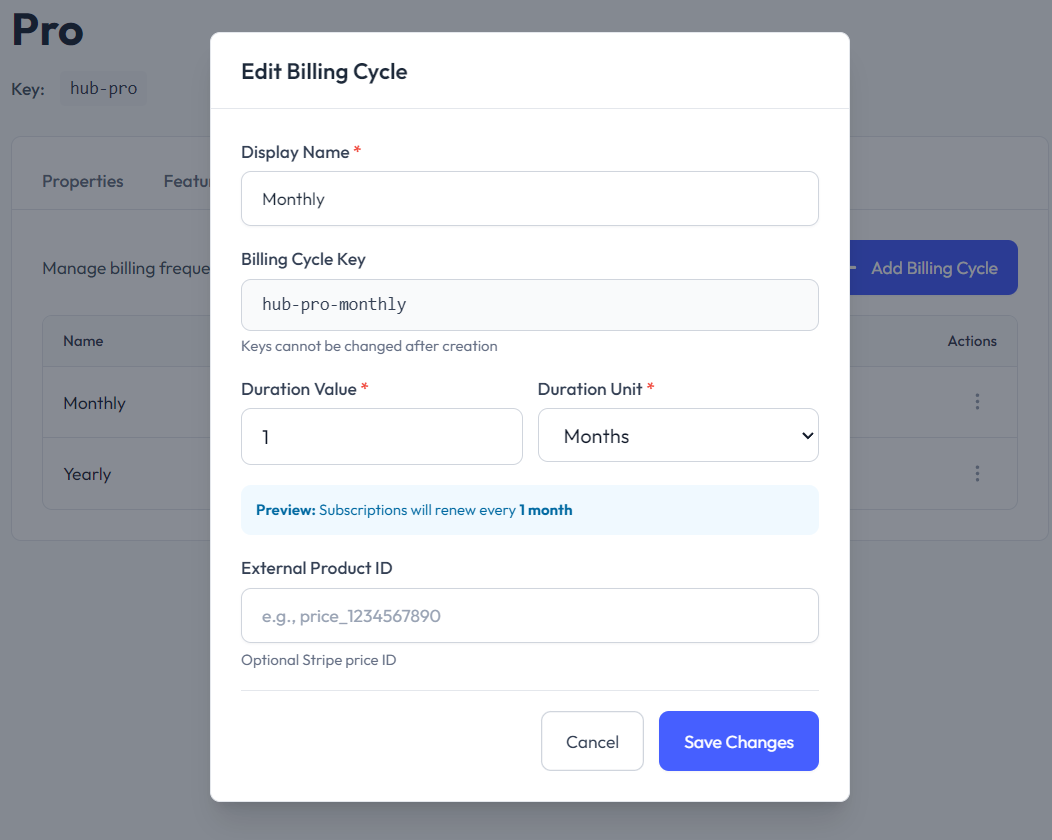 Edit billing cycle dialog with optional Stripe price ID