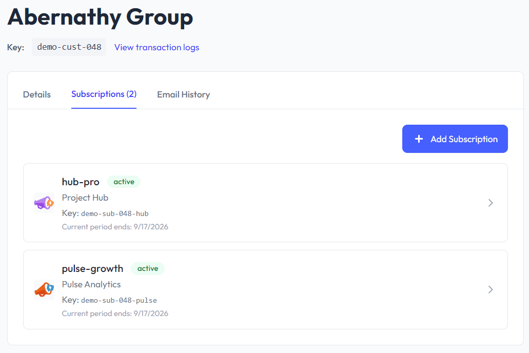 Customer account with two active product subscriptions