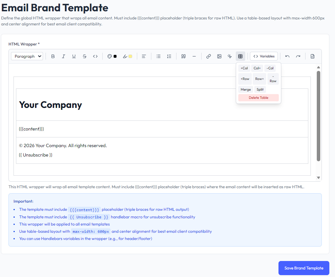 Brand wrapper template with content placeholder and unsubscribe token