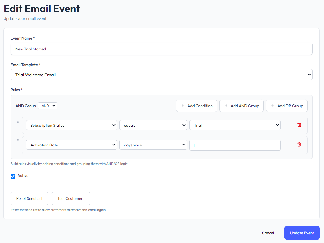 Email event rule builder with AND conditions on subscription status