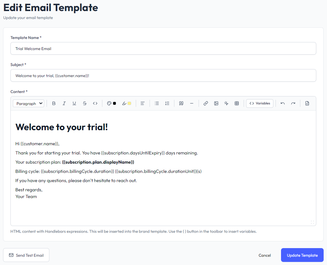Email template editor with Handlebars variables