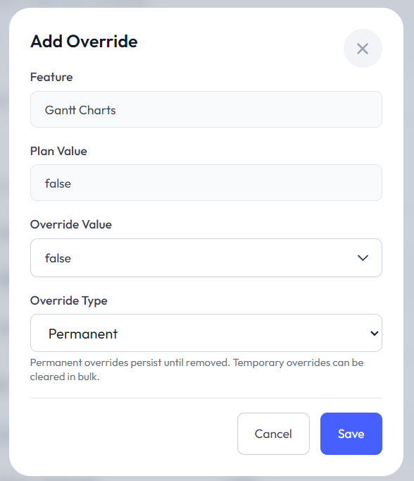 Add override dialog for a subscription feature