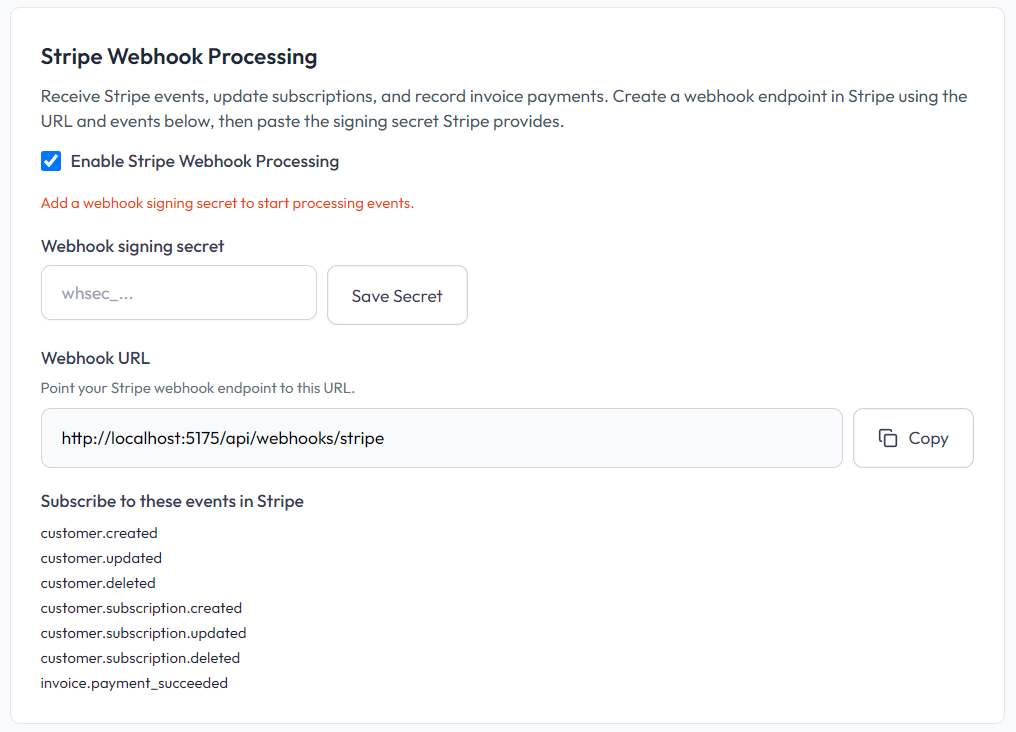 Stripe webhook processing settings with signing secret and event list