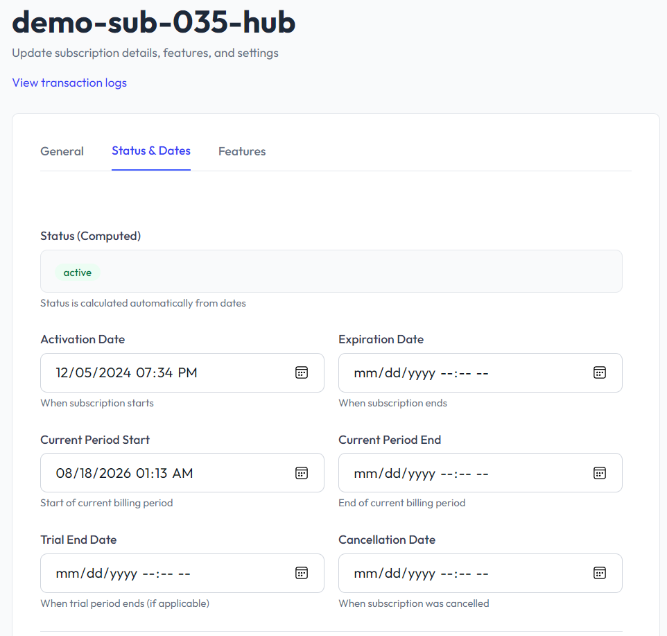Subscription editor with status and dates, including expiration and trial end