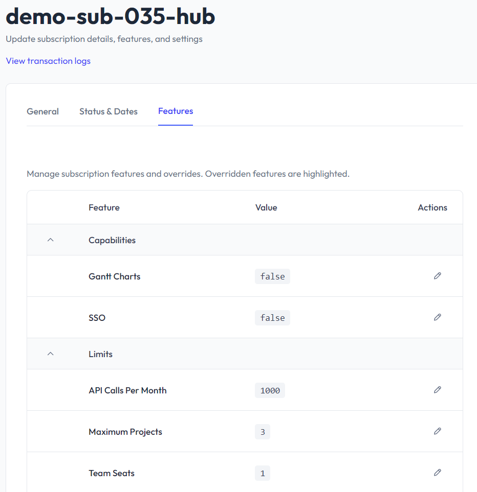 Subscription feature values and current overrides